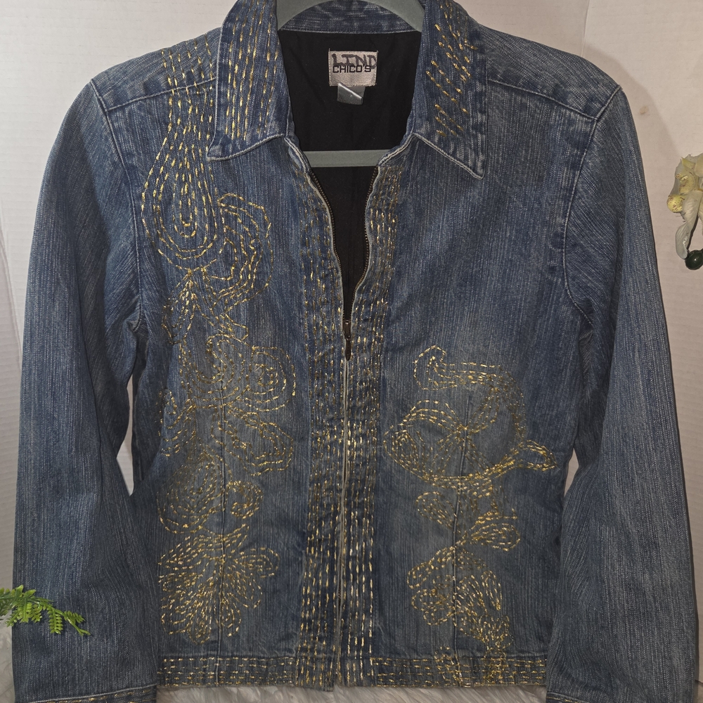 Chico's 1990 Vintage Denim Bomber Jacket with Gold Embroidery. Size 0